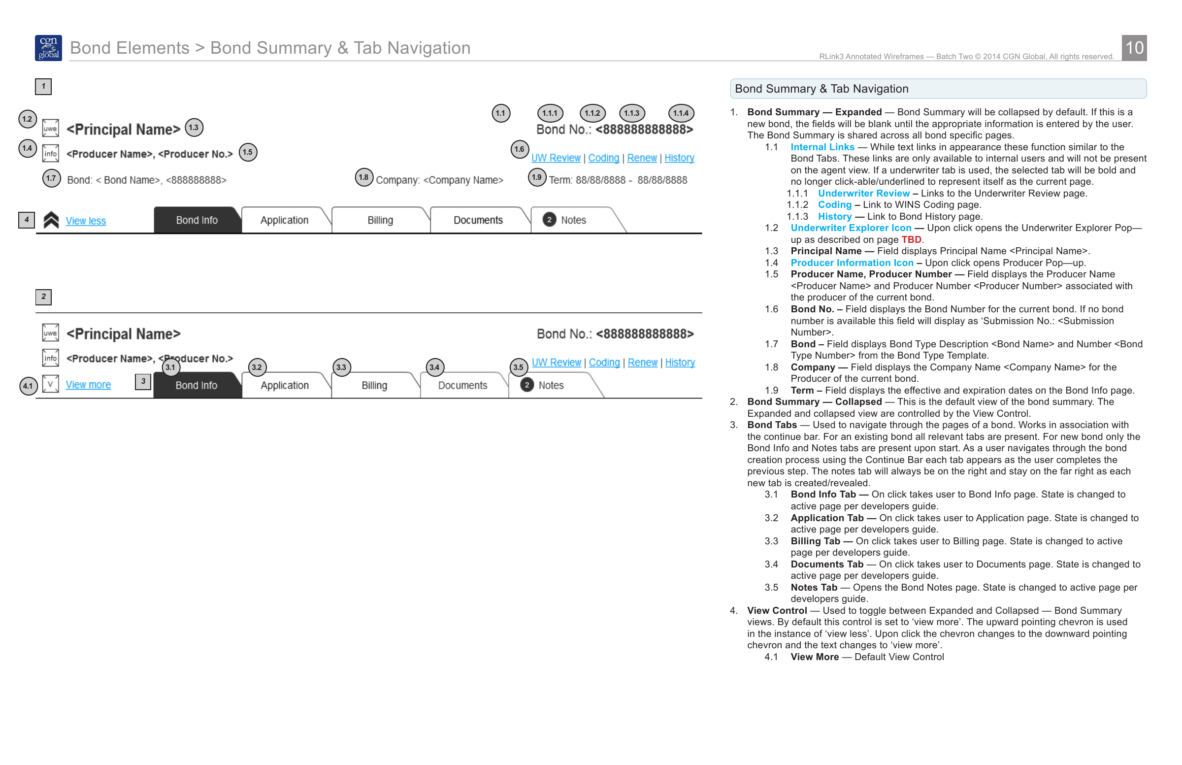 Archived bond summary and tab-navigation wireframe with expanded and collapsed views and numbered behavior notes.