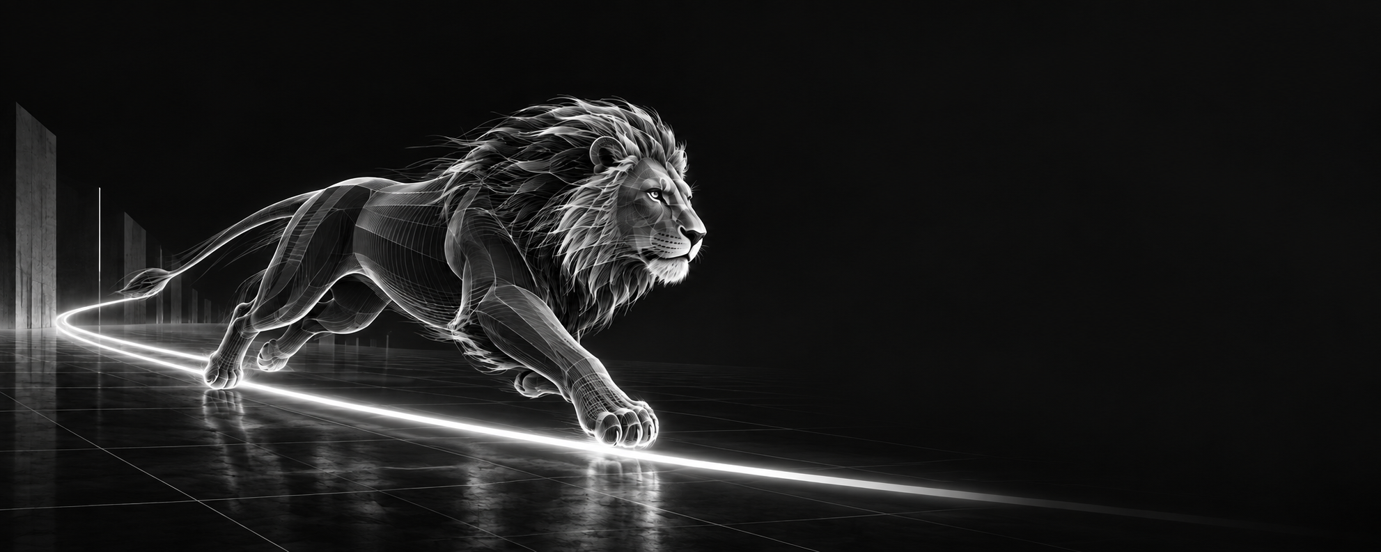 A lion runs along a luminous path through a dark architectural space.