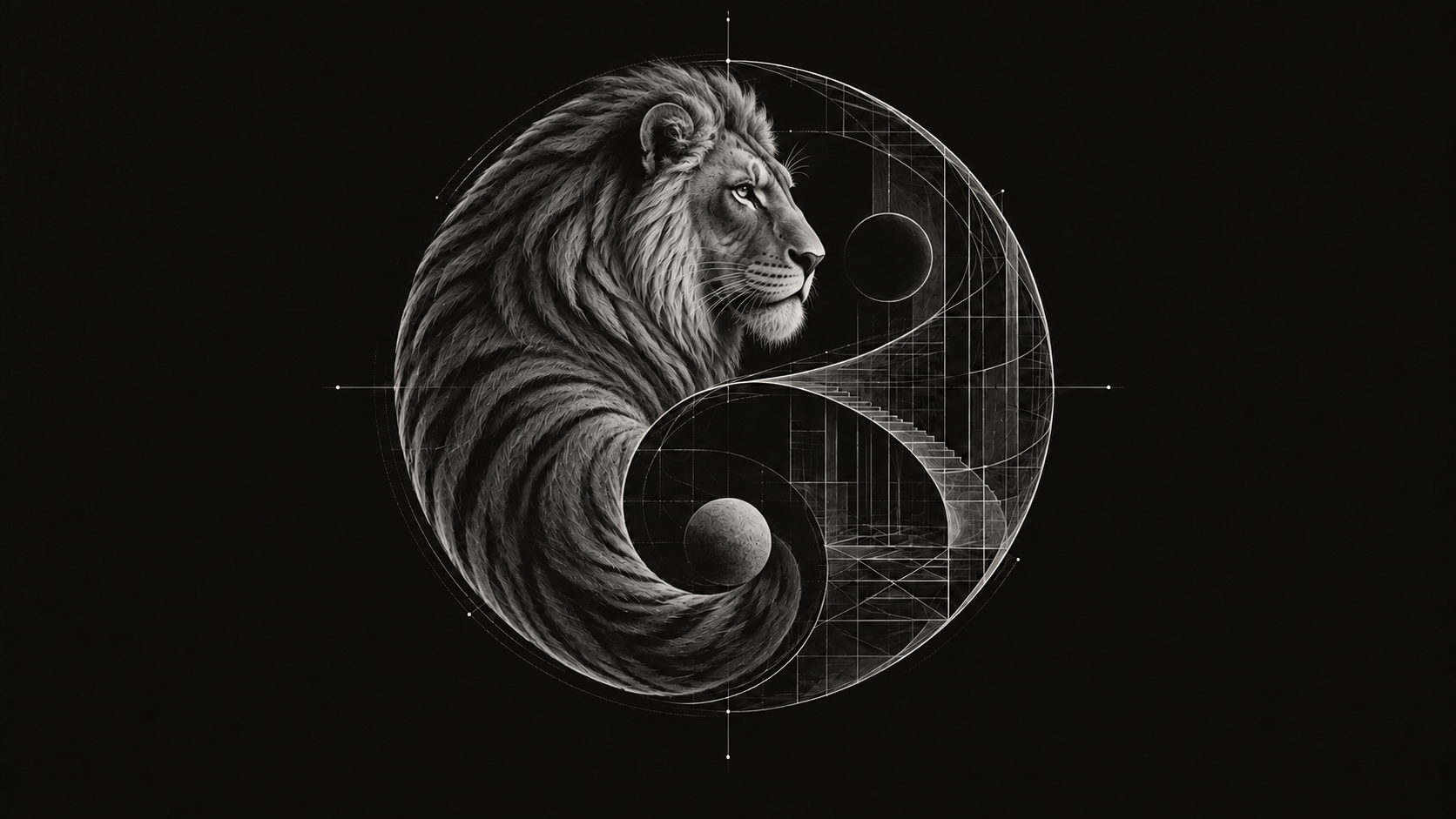A lion forms one half of a yin-yang; architectural lines, a stairway and a grid form the other half.