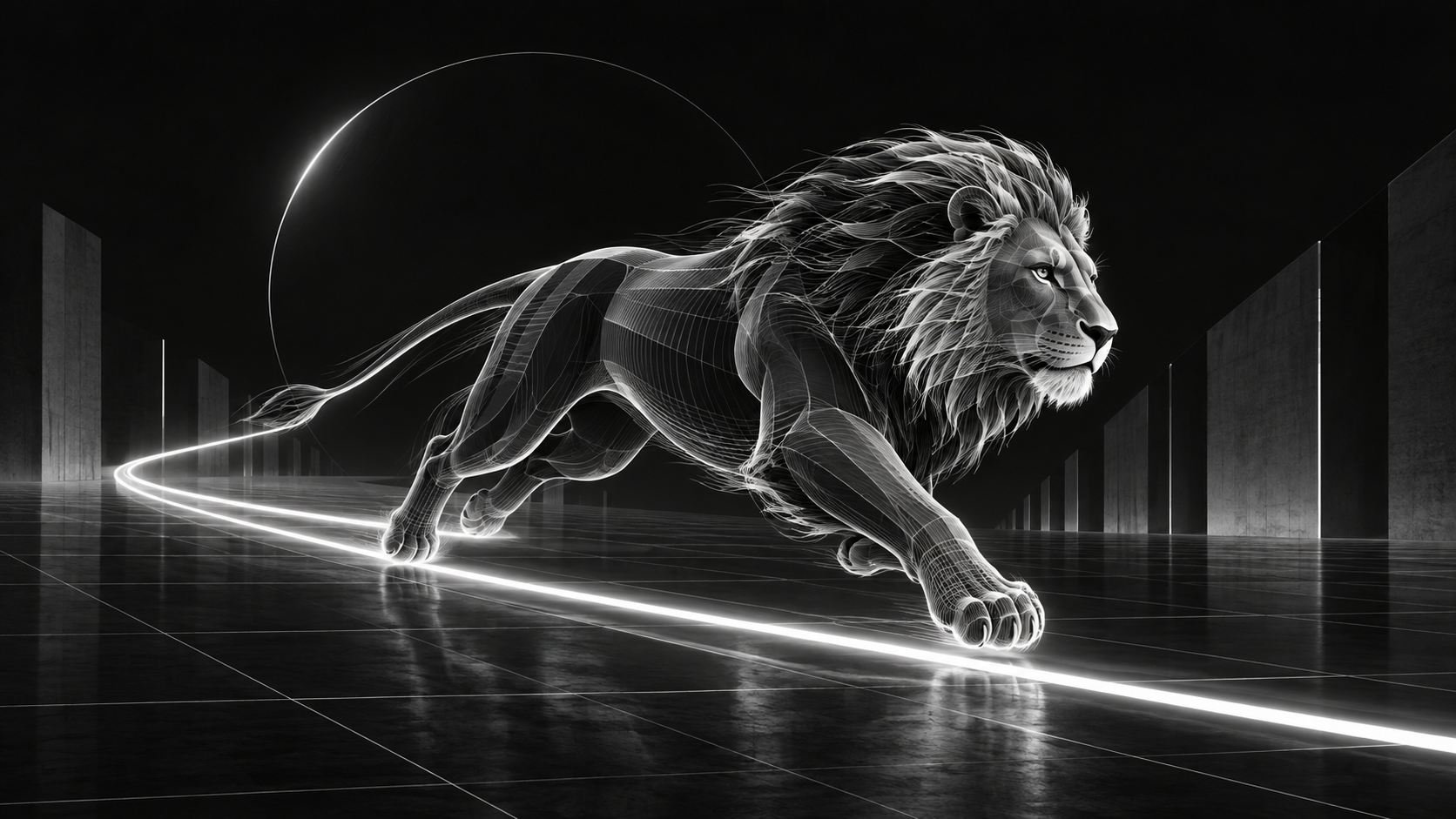 A monochrome digital lion runs along a luminous route between architectural planes.