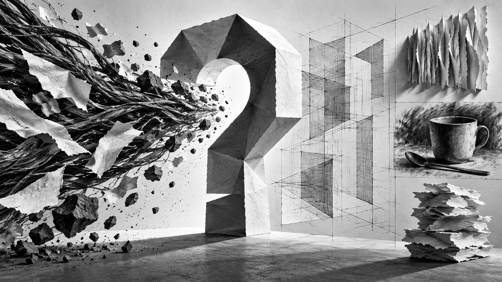 Graphite strands and torn paper enter a large question-shaped threshold, pass through drawn construction planes, and resolve into three rough material studies.