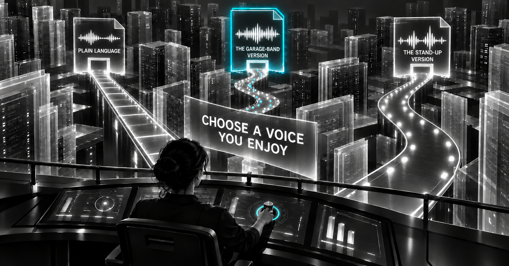 A grayscale operator selects the Garage-Band Version voice file in a digital server space; the selected file, hand control, and a few road lights glow cyan.