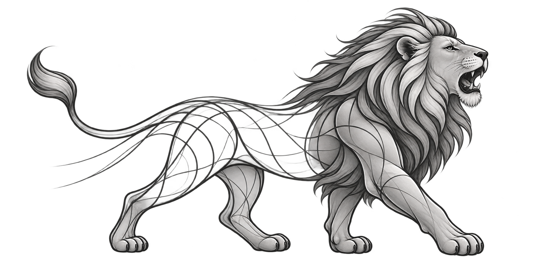 A lion strides forward with its head raised and mouth open; curved sections and lengthwise lines form an open torso behind its shaped head and legs.