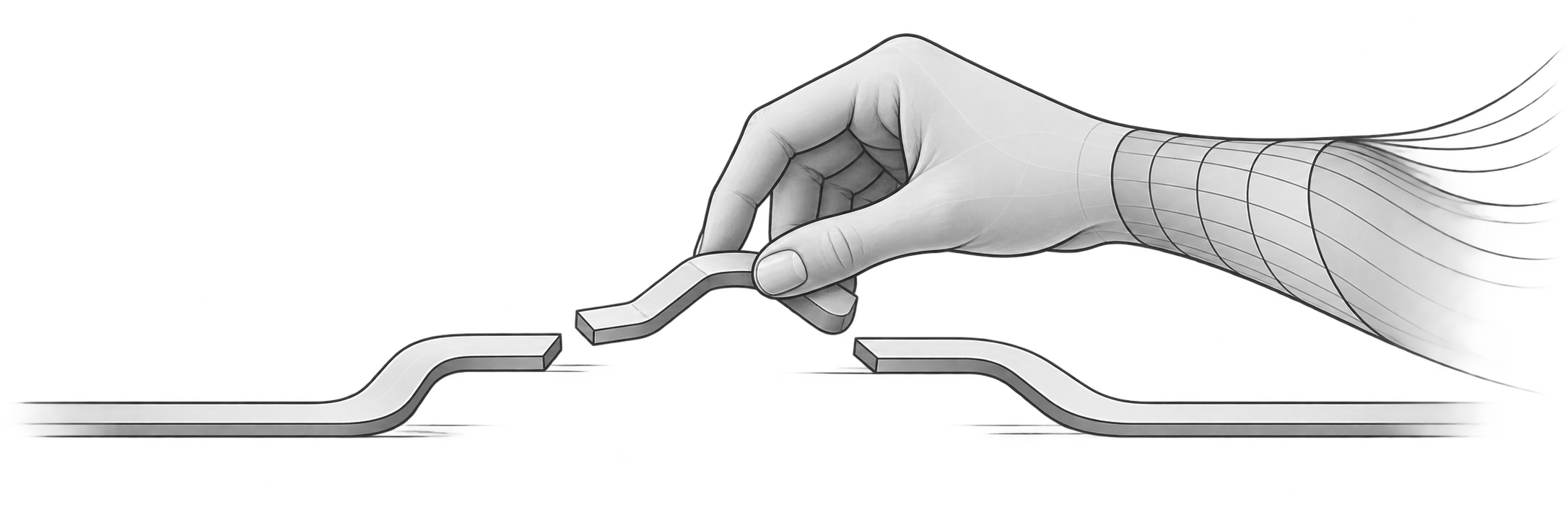 A hand holds a short route section above two open ends, adjusting the path before connecting it; curved construction lines form the forearm.