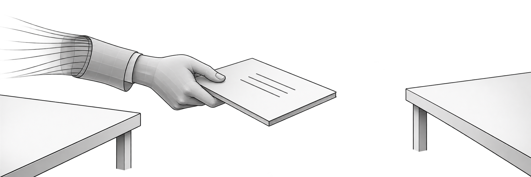 A hand carries one folio over the open gap between two work surfaces; incoming strands form the arm's contours and surface.