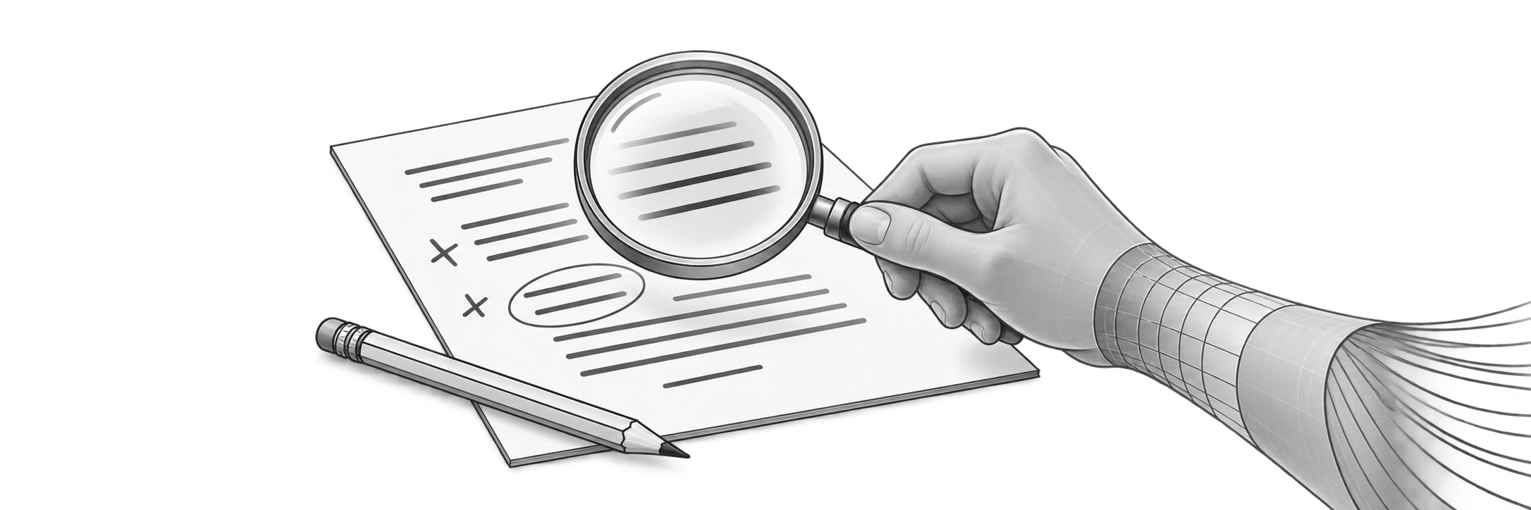 A hand forming from curved construction lines holds a magnifier over an editorial proof, with a pencil and correction marks.