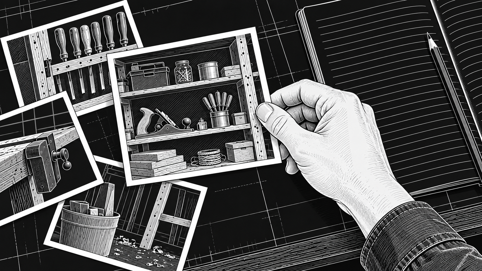 A hand holds an illustrated workshop-shelf print among other prints beside an open notebook and pencil.