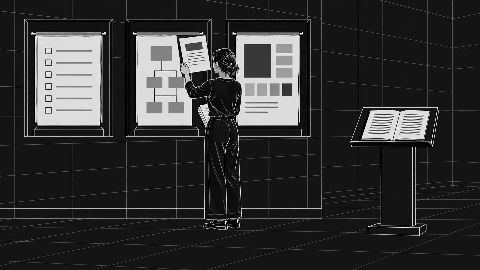 A person holds a replacement page against the middle of three framed references, while an open document rests on a separate lectern.
