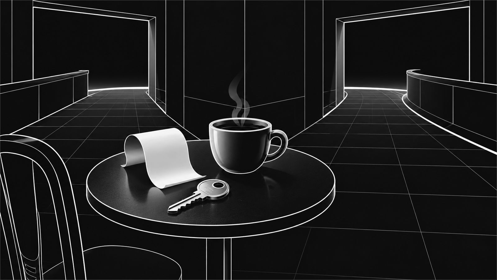 A blank receipt, key, and steaming coffee cup wait on a café table where two unfinished paths branch.