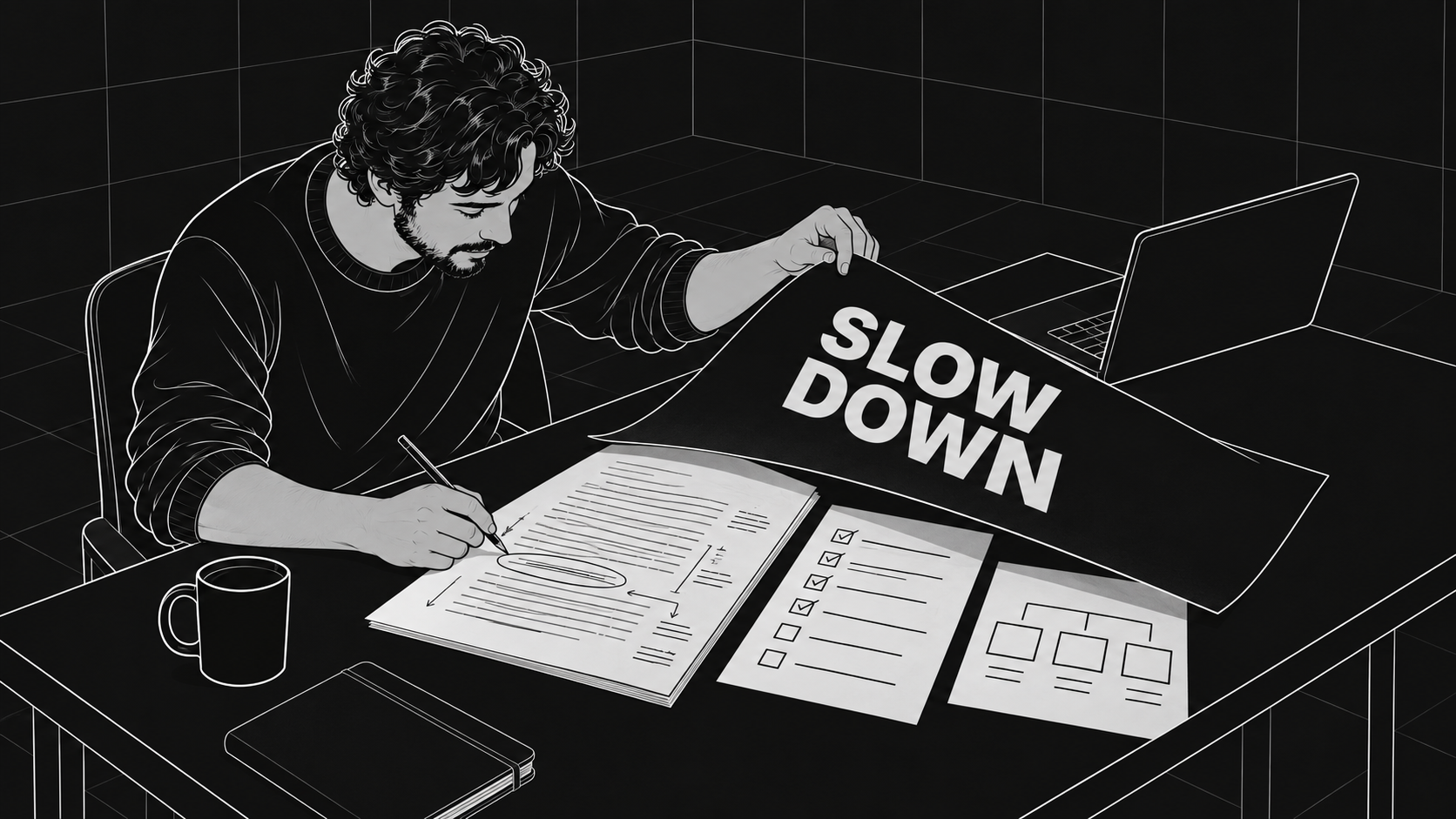 A reviewer lifts a large sheet reading Slow down, revealing an annotated manuscript, checklist and planning diagram underneath, while adding a note to the manuscript.