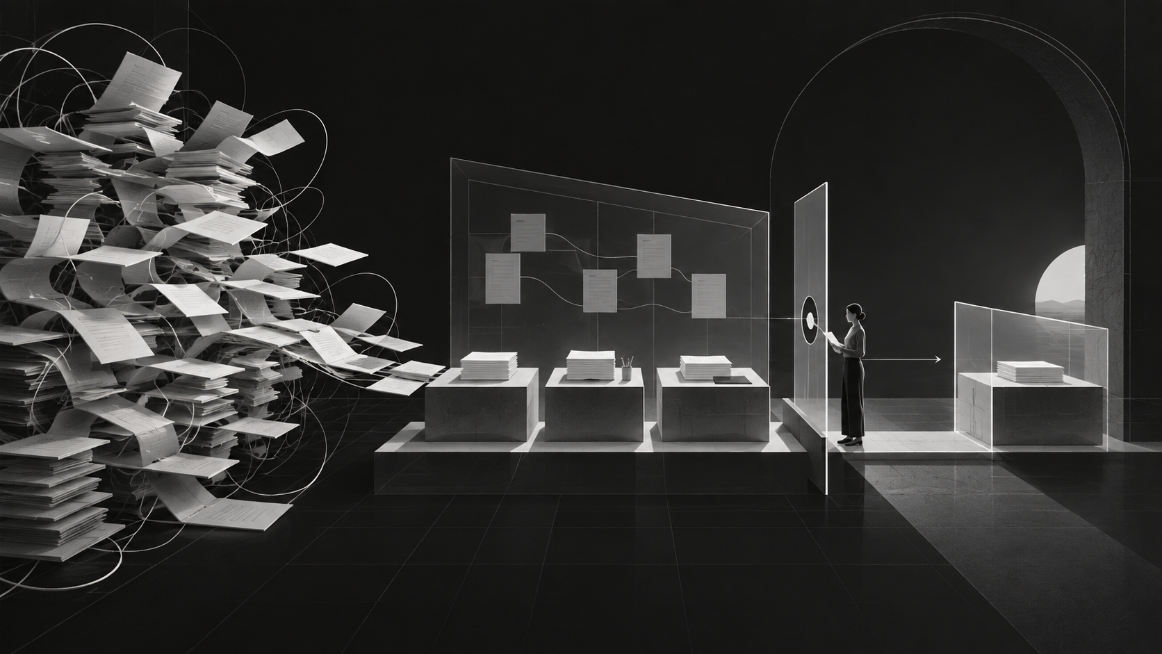 A tangled stream of papers resolves into an orderly workflow before a person checks a bounded action at a threshold.