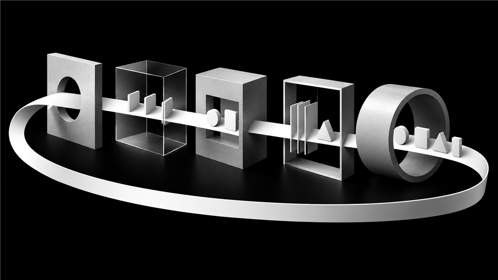 A bright work record passes through five decision frames and loops back toward earlier evidence.