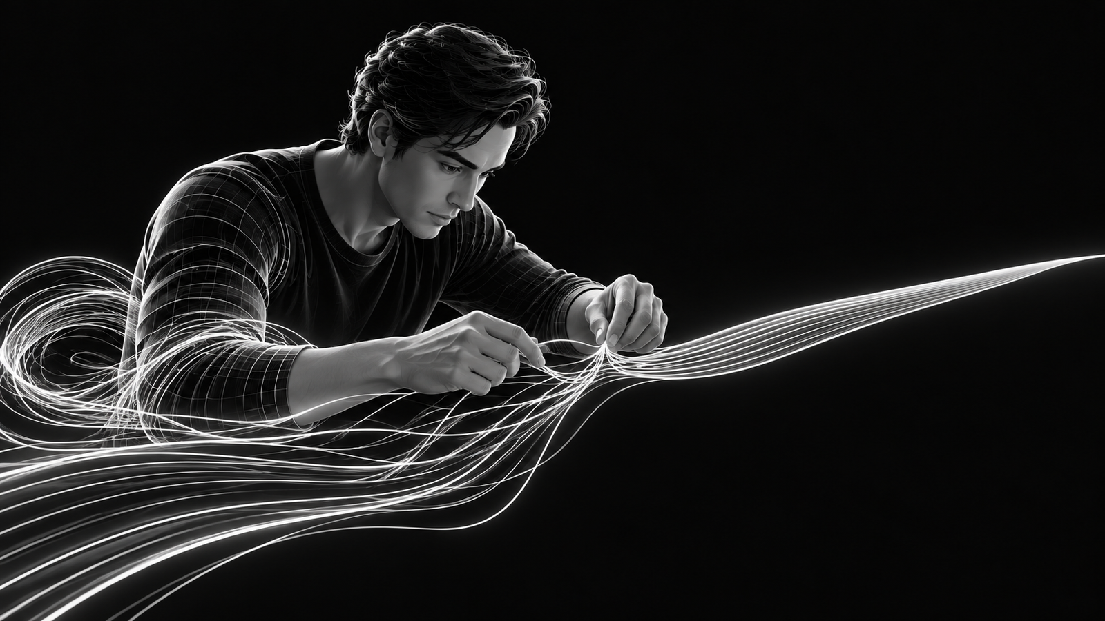 A person reconnects loose strands in an automated seam that appears complete beyond their hands.