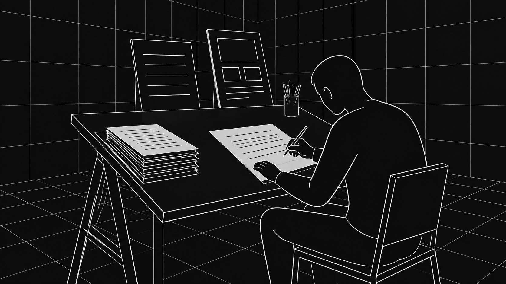 A writer marks a draft at a table beside a stack of pages, with two separate reference boards behind it.