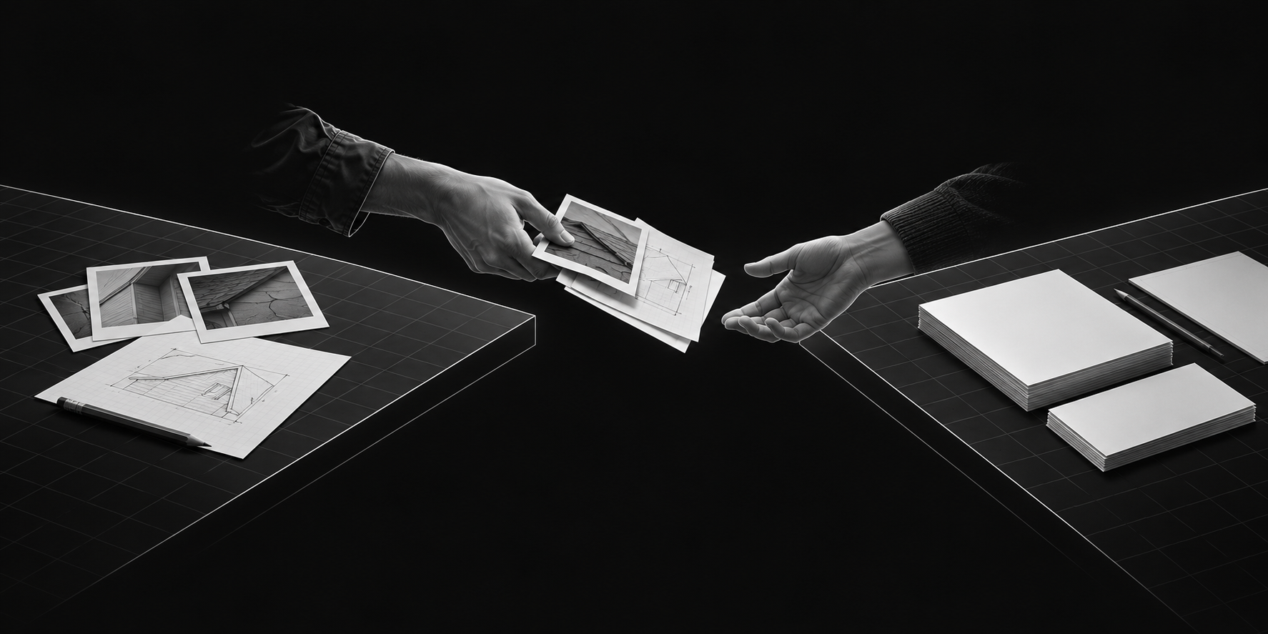 A hand passes a small set of photographs and notes across a gap between separate work surfaces.