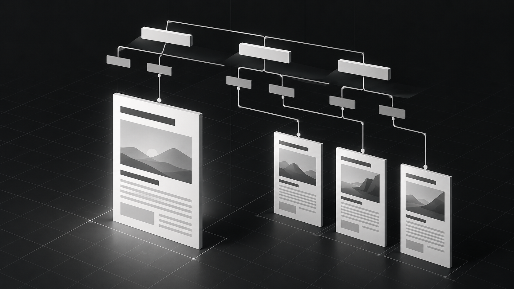 An abstract article page connects through a category structure to three related content pages.