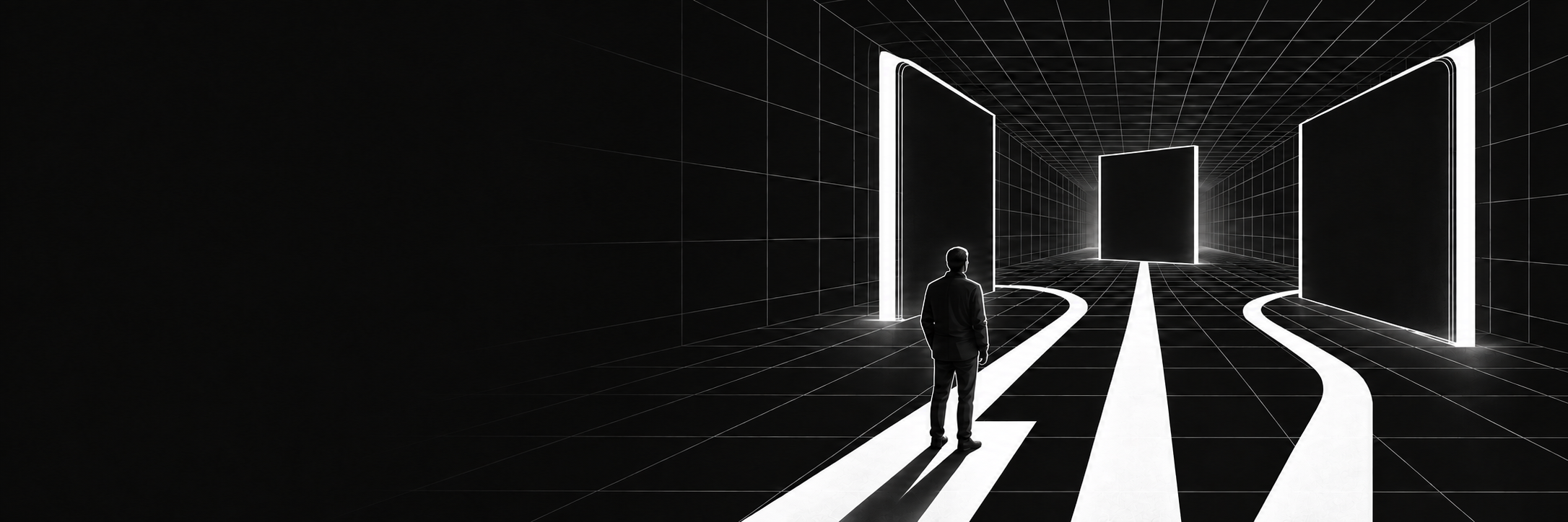 A person stands among tall connected panels in an open architectural space.