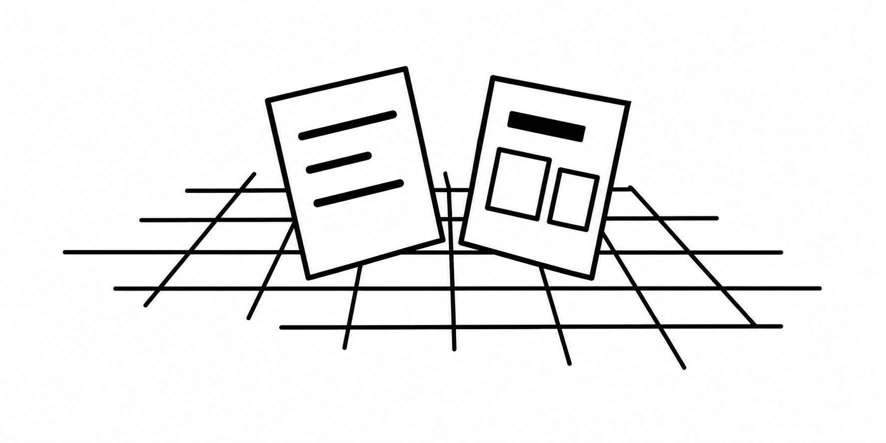 Two small pages with different arrangements of marks stand within an irregular grid footprint.