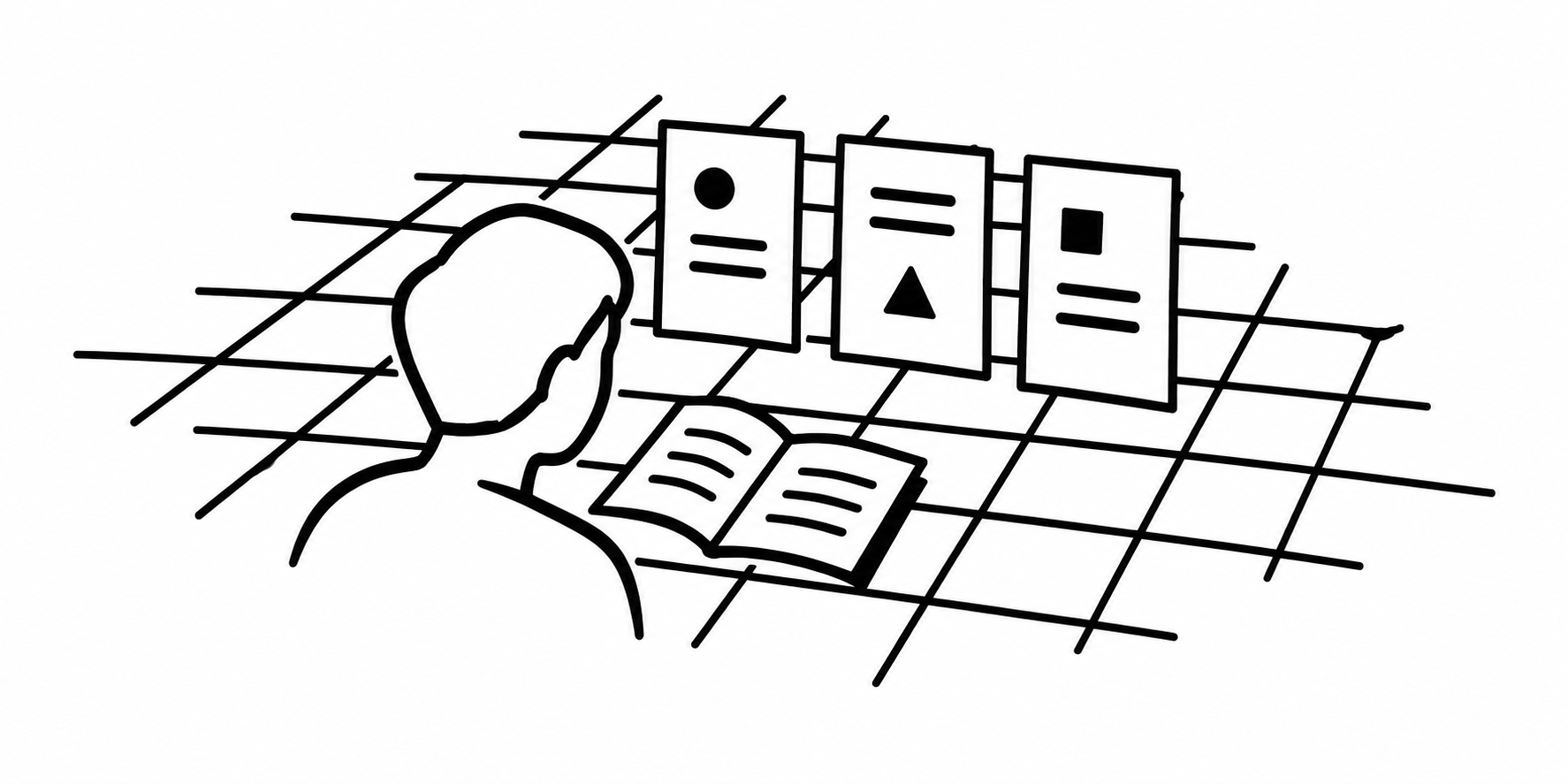 A small reader looks from an open book toward three draft pages within a shaped grid.