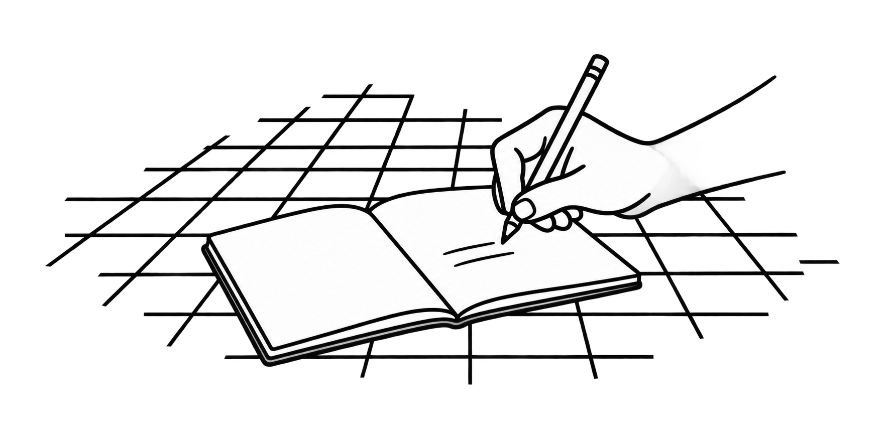 A hand writes in an open journal resting within an irregular patch of perspective grid.