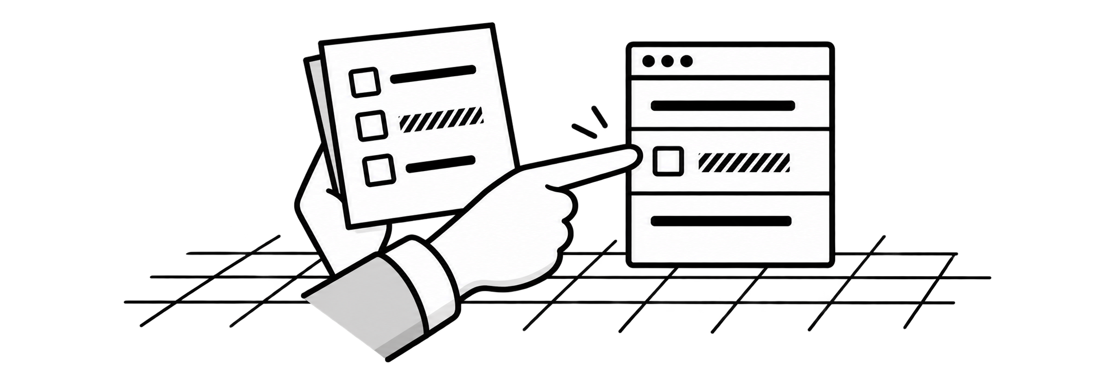 Hands compare an unchecked, striped item on a paper note and a digital draft.