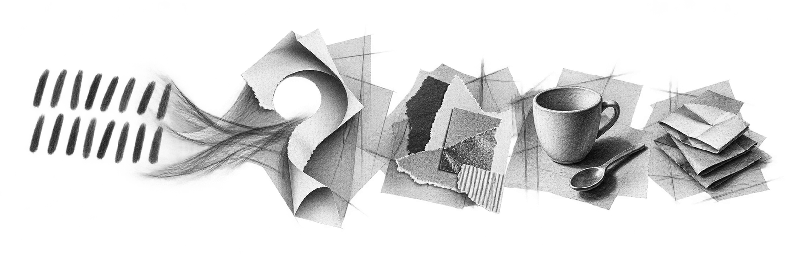 Repeated graphite tally marks gather into a folded question-shaped threshold, followed by collage scraps, a cup-and-spoon shadow study, and stacked paper.