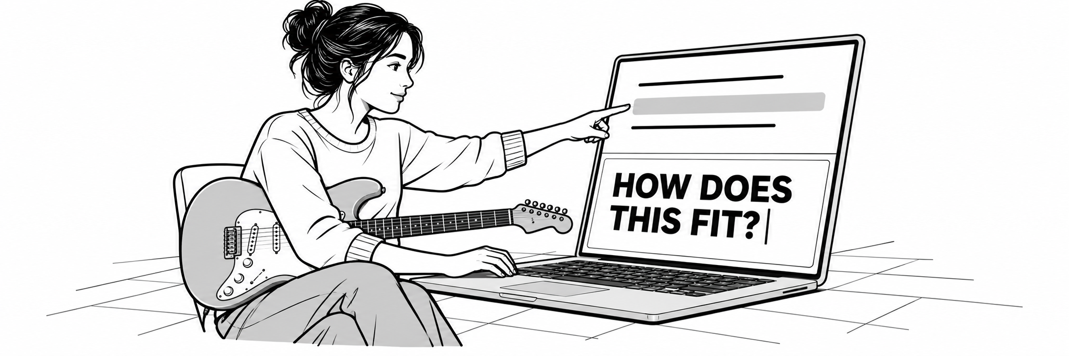 A woman with a guitar resting across her lap points to a passage on a laptop while composing the follow-up question, How does this fit?