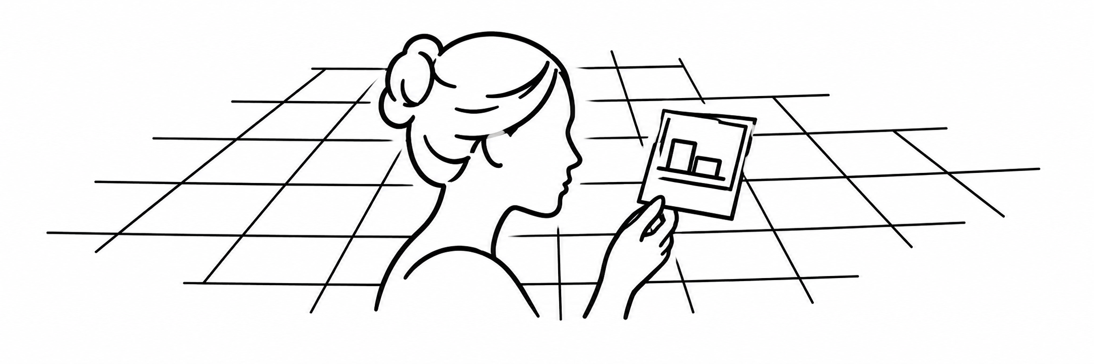 A woman examines a small photographic print within an irregular perspective grid.