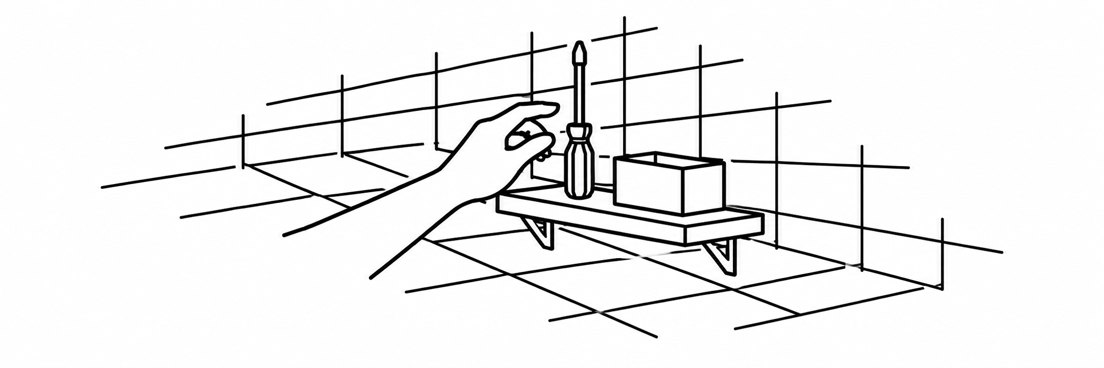 A hand reaches for a tool on a short shelf beside a small container, within a shaped grid.
