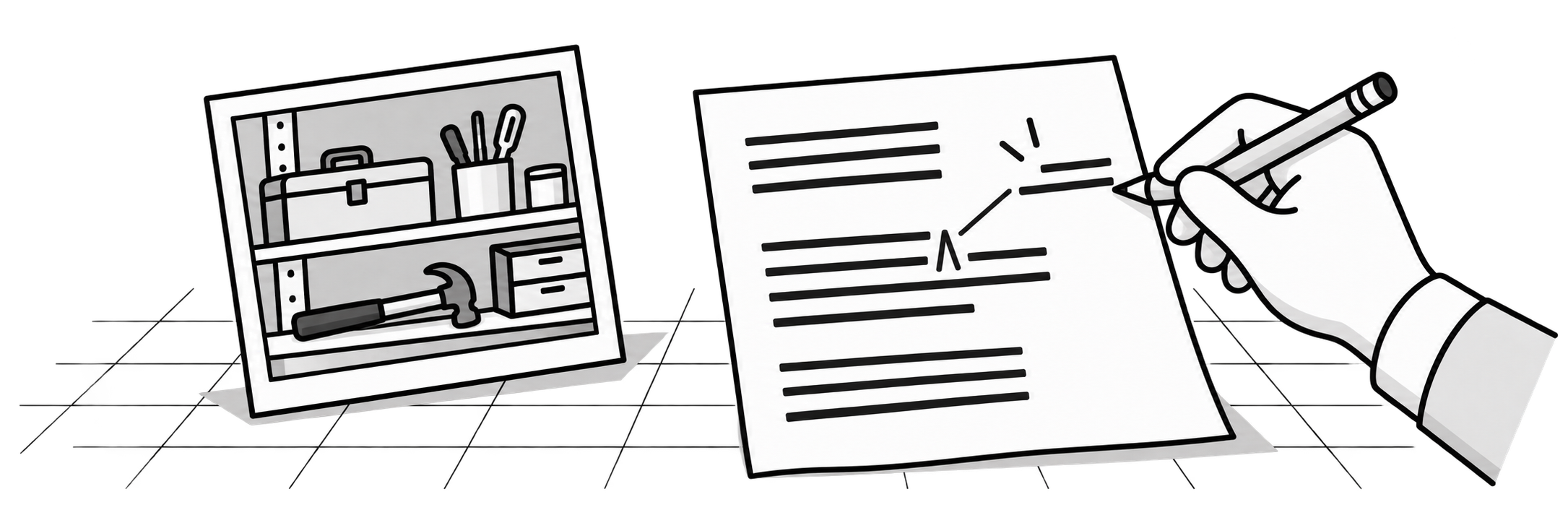 Beside a separate workshop-shelf photograph, a hand writes a new margin note connected by an insertion caret to an existing source manuscript.