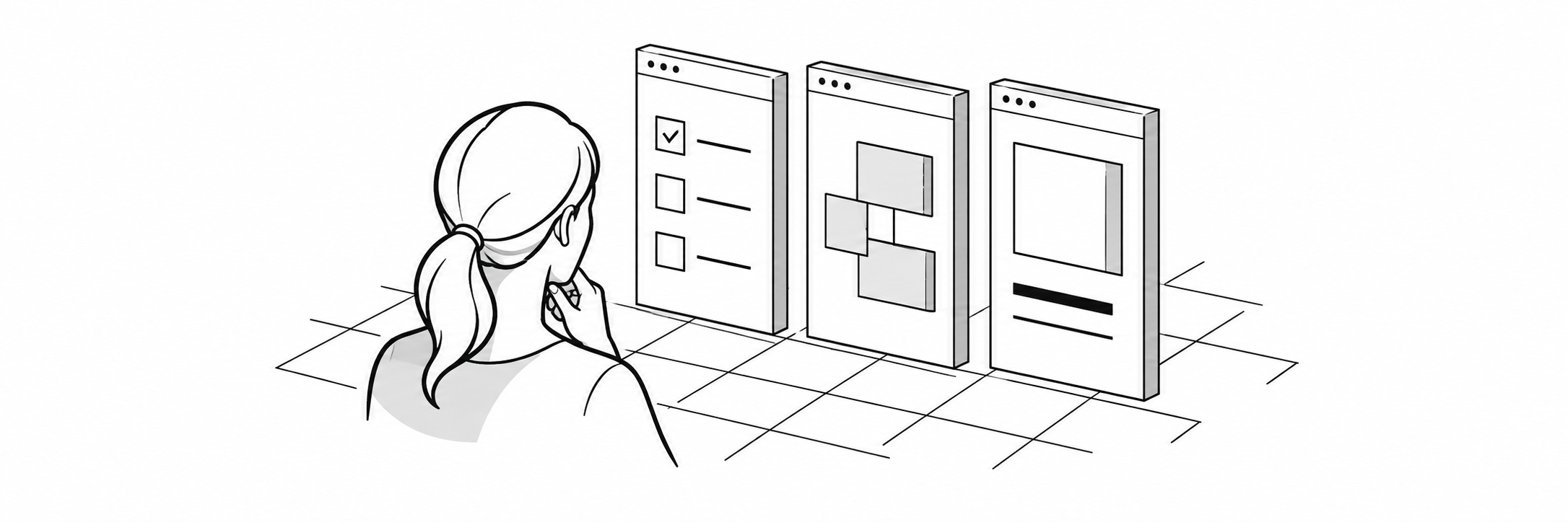 A woman views three separate digital reference panels with distinct structures above a shared perspective grid.