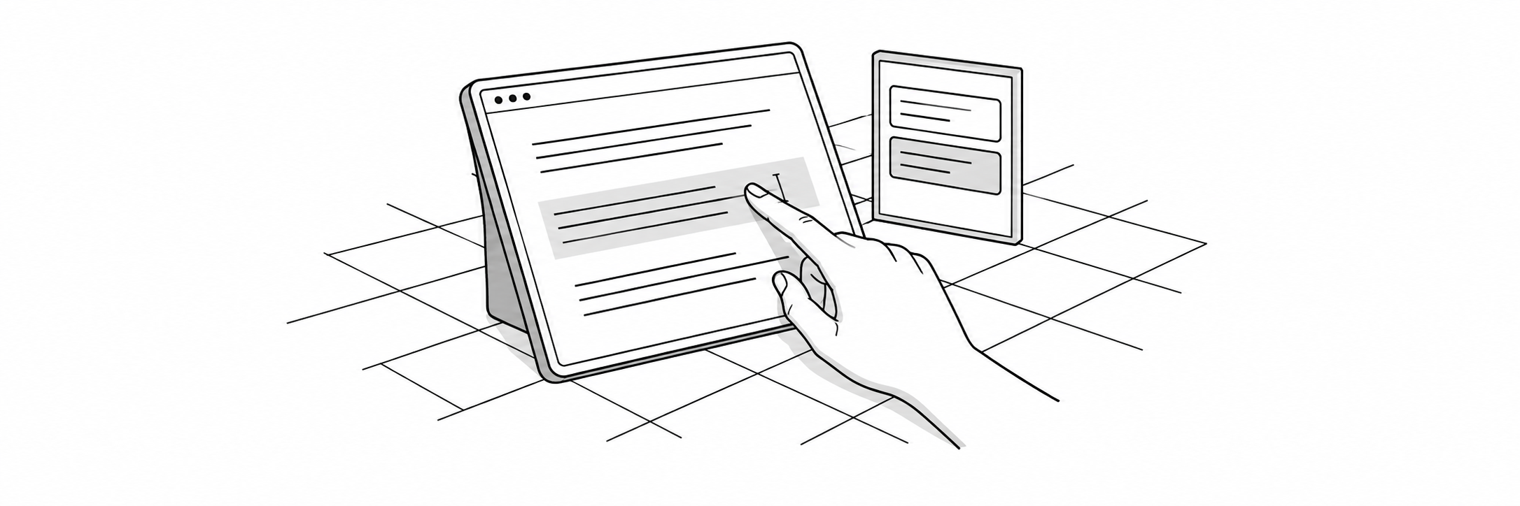 A hand selects a changed field in a digital reference panel beside a short conversation panel, over a partial grid.