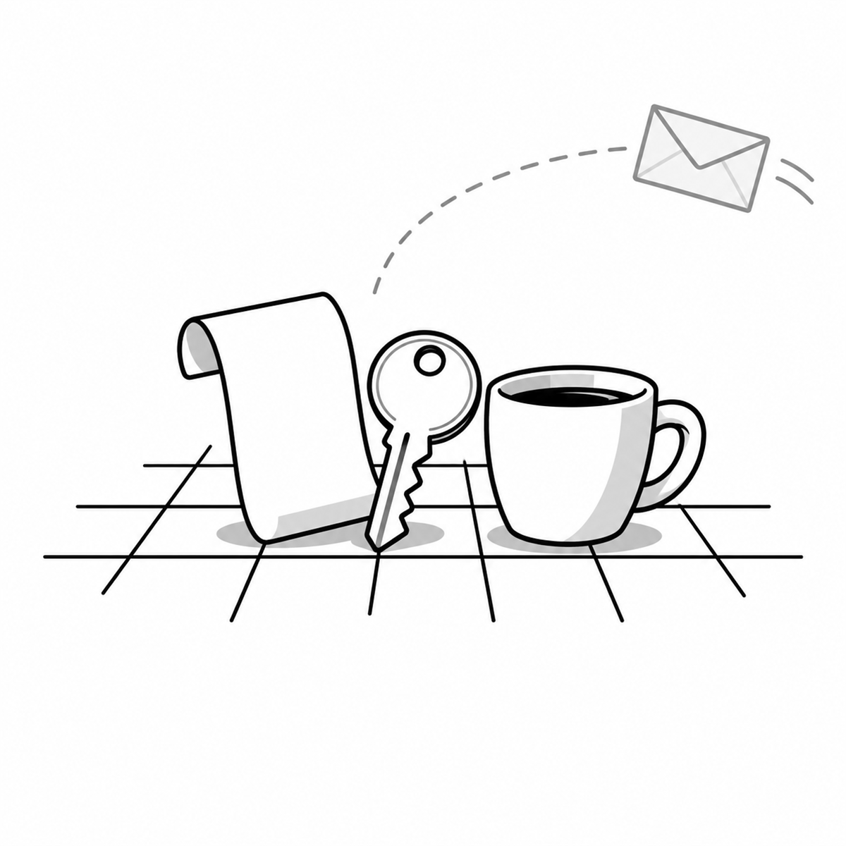 A faint envelope moves away while a blank receipt, key, and coffee cup remain together on a partial grid.