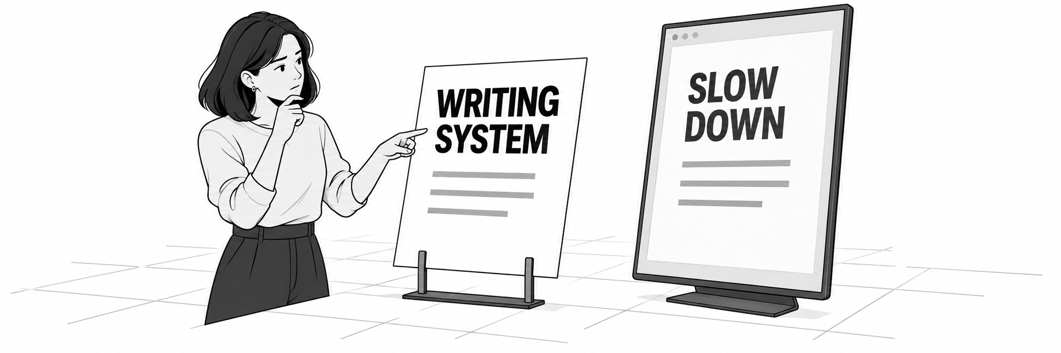 A woman compares a context document labelled Writing System with a draft labelled Slow Down, pointing between their different headings.