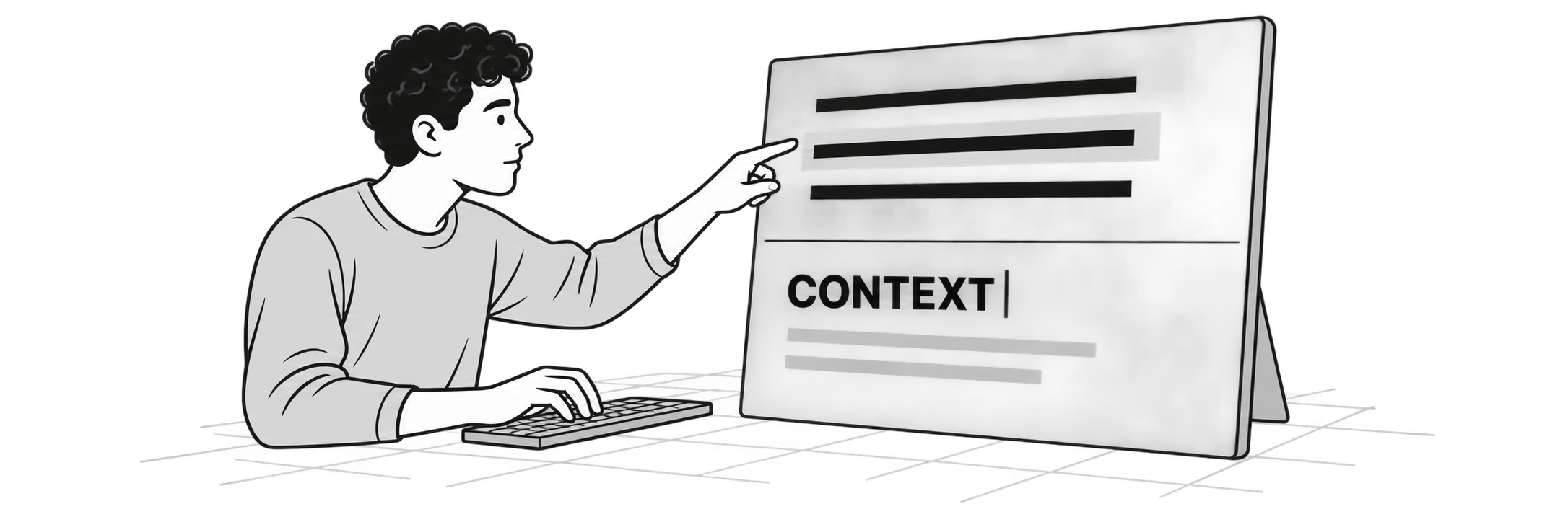 A reviewer points to a marked passage in a digital response while typing Context into the follow-up field below it.