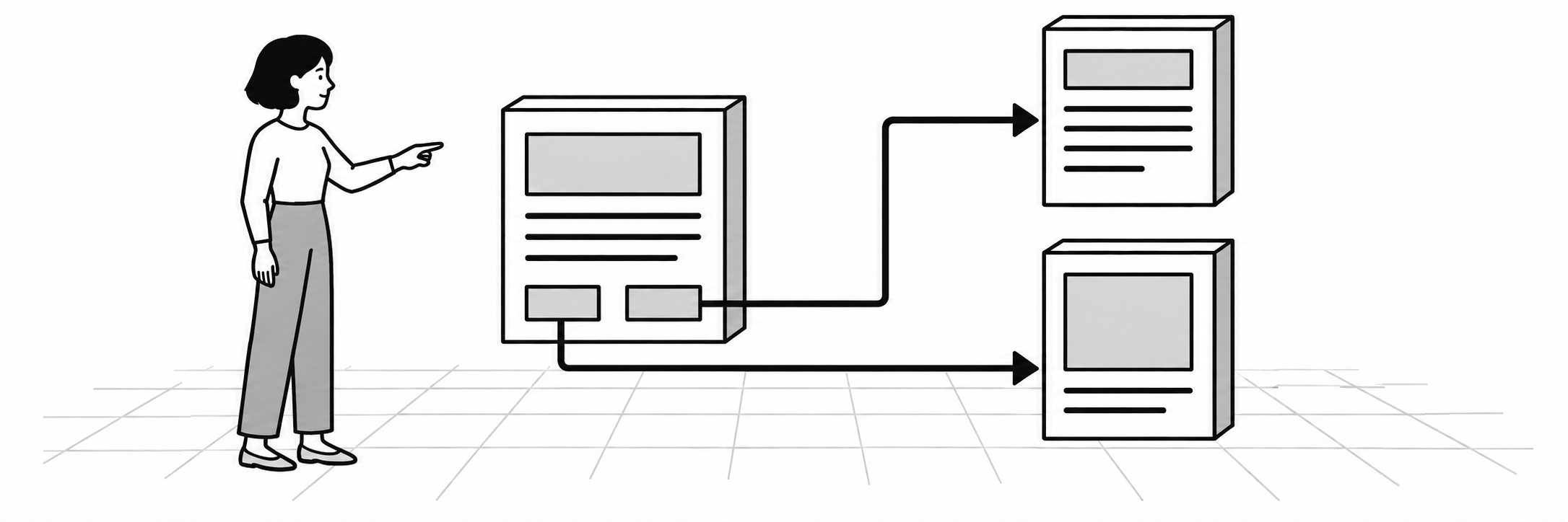 A woman reviews an article-flow diagram: two links at the foot of a page lead by arrows to two different destination pages.