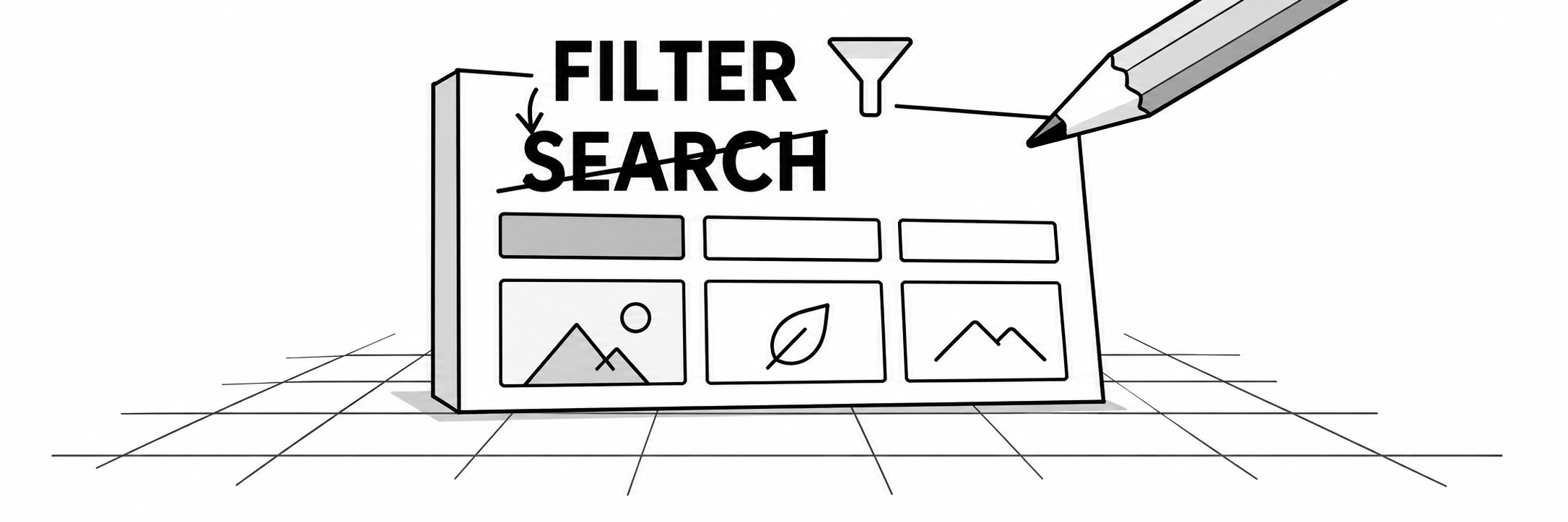 A filtering control is annotated with Search crossed out and Filter written above it; three category choices and content tiles remain below.
