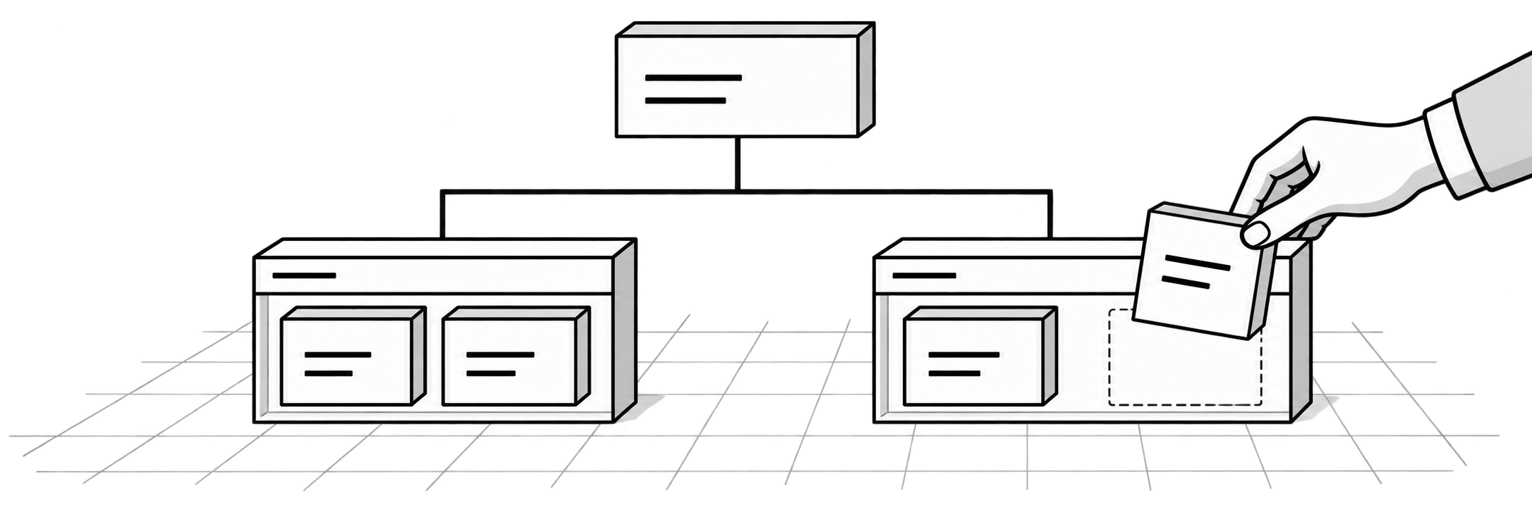 A parent page branches into two content groups, each containing smaller pages; a hand positions one page within the right-hand group.
