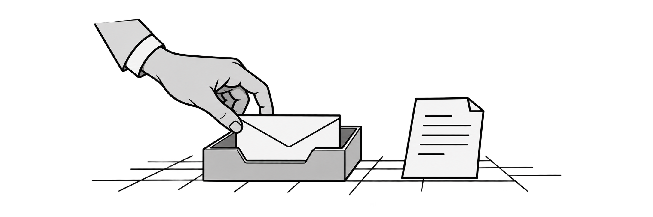 A hand touches an envelope in a queue tray beside a separate document.