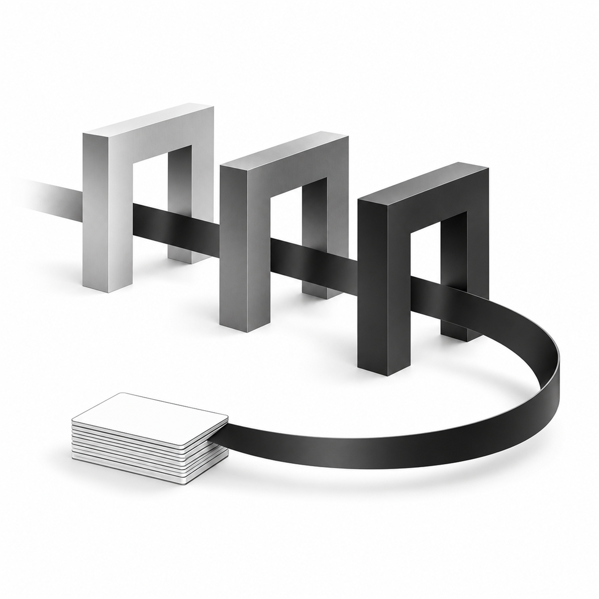 A completed record curves back toward a stack of evidence, forming a visible return path.