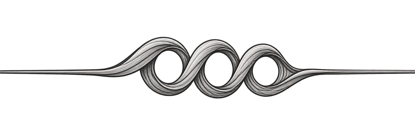 A dark contour seam opens into repeated loops before resolving into a finished line.