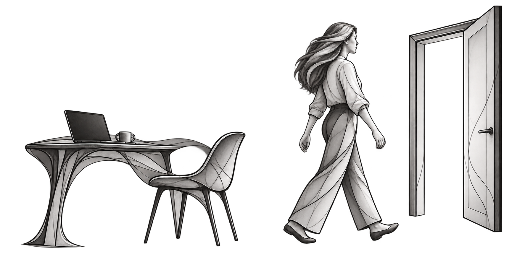 A woman leaves her laptop and chair and walks toward an open doorway.