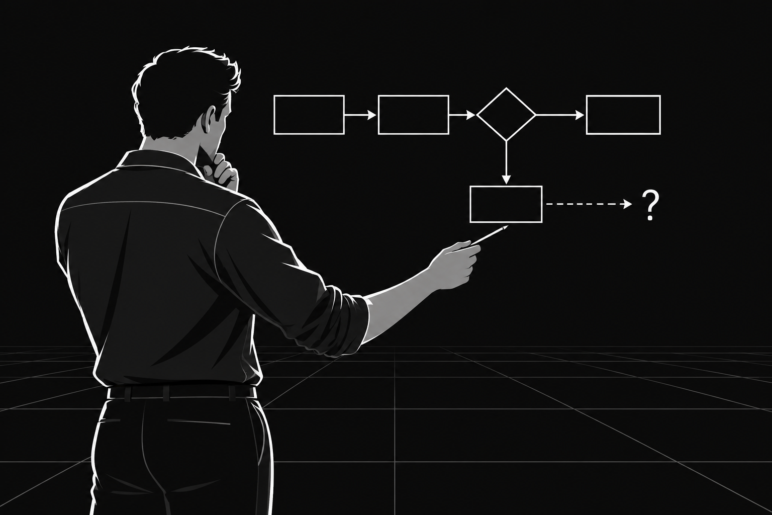 Illustration of a person examining a branching process diagram and pointing a pencil toward a dashed connection ending in a question mark.